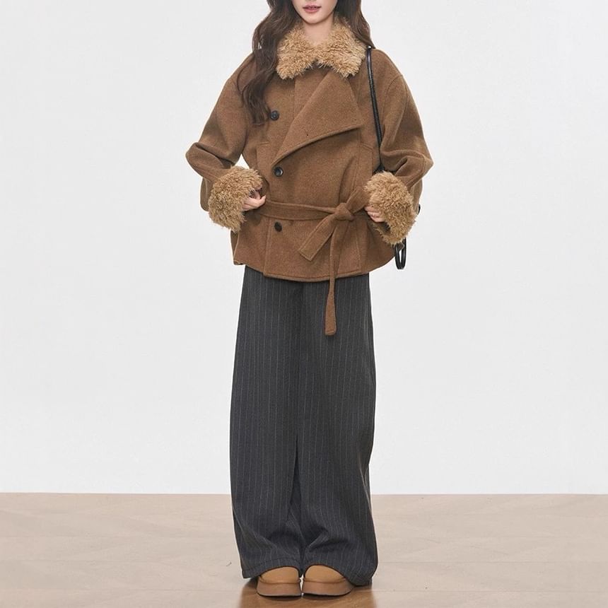 Collar Fleece Panel Sashed Single-Breasted Jacket / Striped Wide Leg Pants