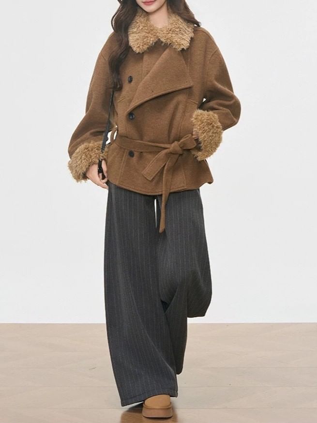 Collar Fleece Panel Sashed Single-Breasted Jacket / Striped Wide Leg Pants