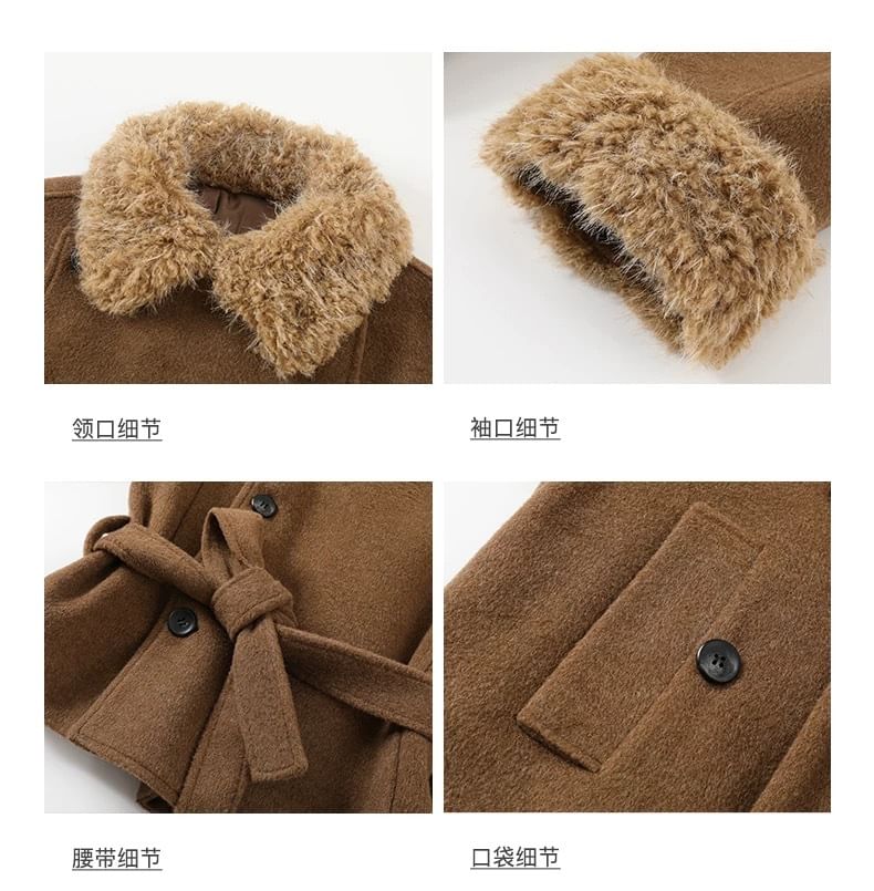 Collar Fleece Panel Sashed Single-Breasted Jacket / Striped Wide Leg Pants