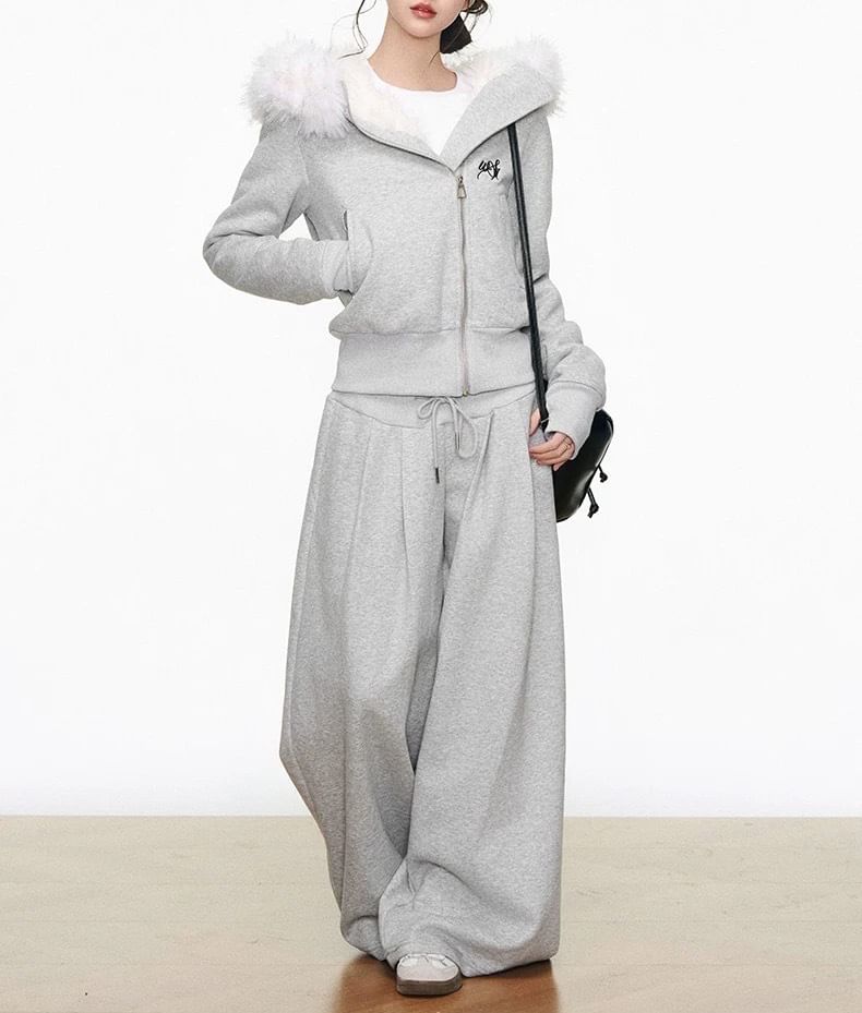 Melange Contrast Fluffy Trim Zip Hoodie / Drawstring Waist Wide Leg Pants