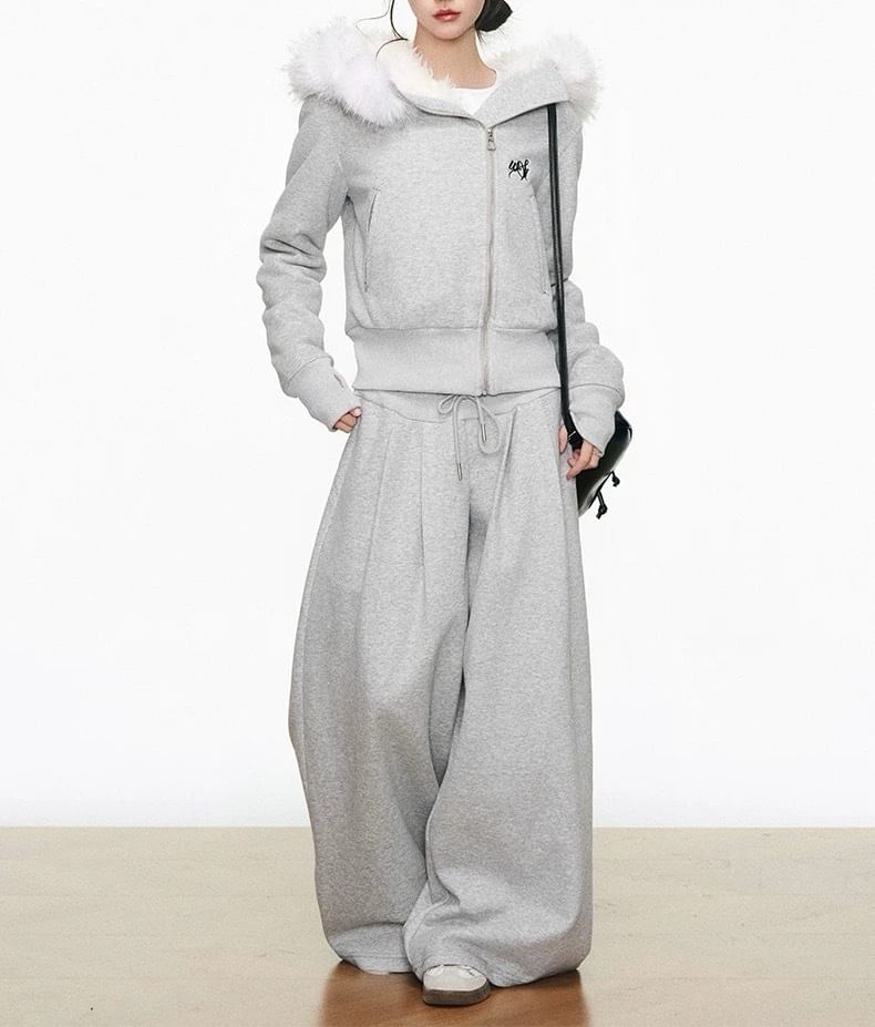 Melange Contrast Fluffy Trim Zip Hoodie / Drawstring Waist Wide Leg Pants