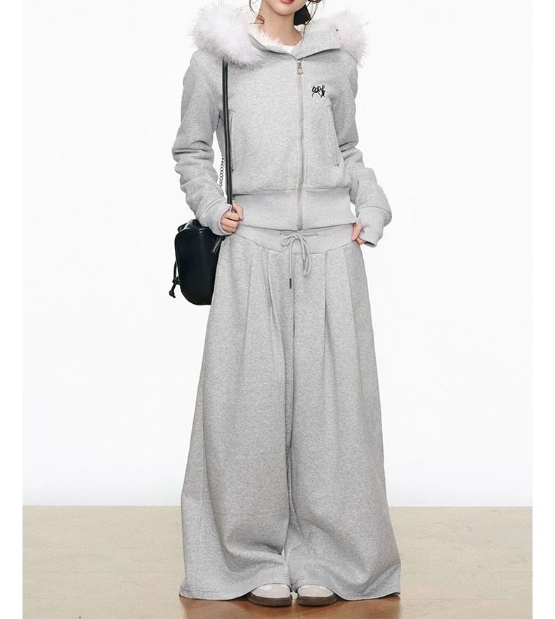 Melange Contrast Fluffy Trim Zip Hoodie / Drawstring Waist Wide Leg Pants