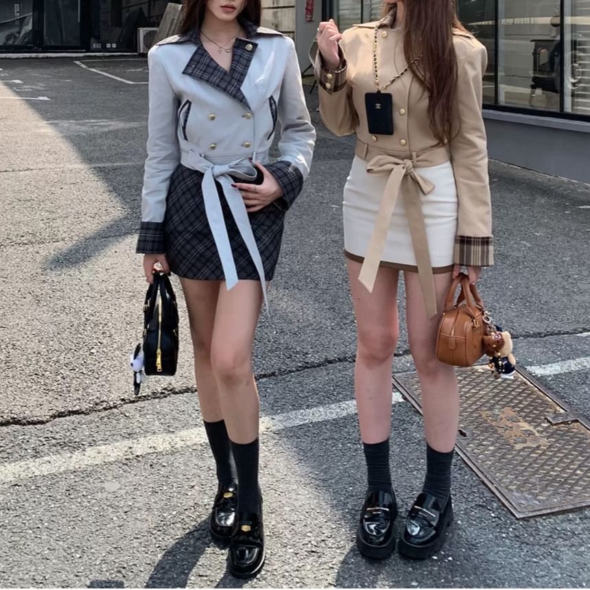 Notch Lapel Plaid Panel Cropped Double-Breasted Trench Jacket / High Waist Mini A-Line Skirt