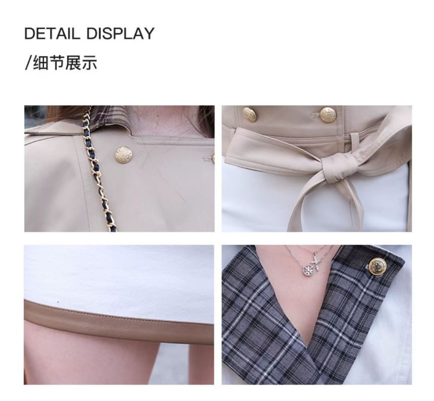 Notch Lapel Plaid Panel Cropped Double-Breasted Trench Jacket / High Waist Mini A-Line Skirt