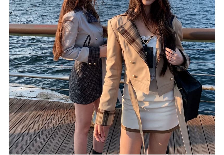 Notch Lapel Plaid Panel Cropped Double-Breasted Trench Jacket / High Waist Mini A-Line Skirt