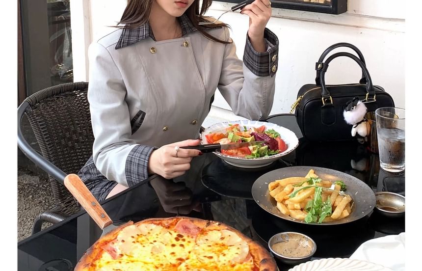 Notch Lapel Plaid Panel Cropped Double-Breasted Trench Jacket / High Waist Mini A-Line Skirt