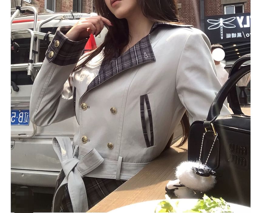 Notch Lapel Plaid Panel Cropped Double-Breasted Trench Jacket / High Waist Mini A-Line Skirt