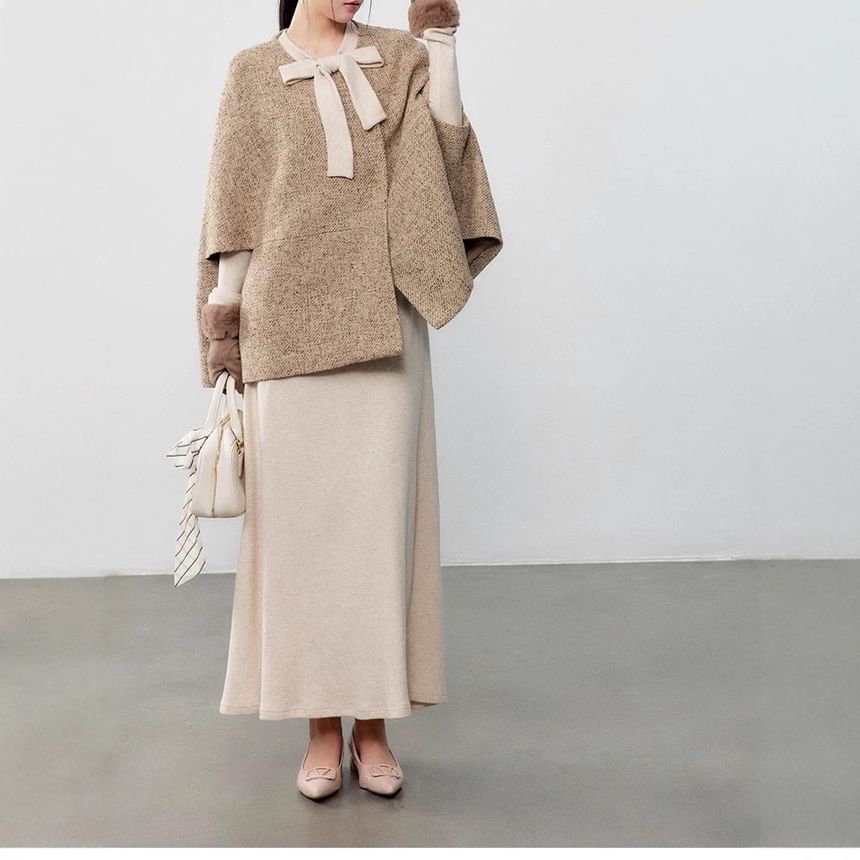 Round Neck Melange Cape / Long-Sleeve Bow Midi A-Line Knit Dress