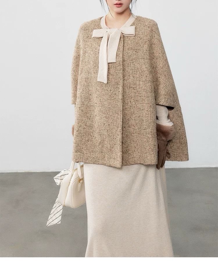 Round Neck Melange Cape / Long-Sleeve Bow Midi A-Line Knit Dress