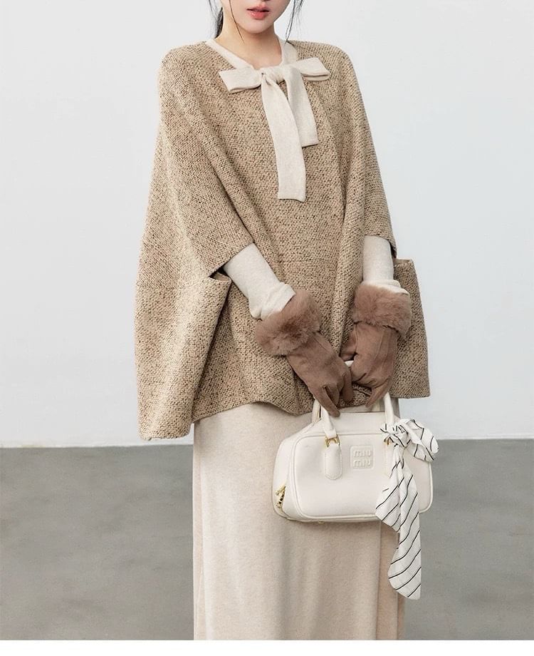 Round Neck Melange Cape / Long-Sleeve Bow Midi A-Line Knit Dress