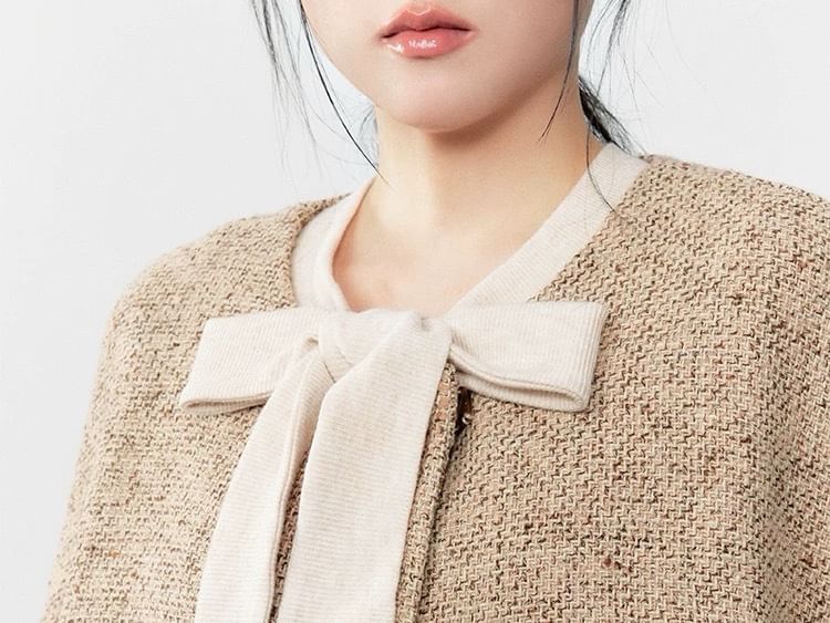 Round Neck Melange Cape / Long-Sleeve Bow Midi A-Line Knit Dress