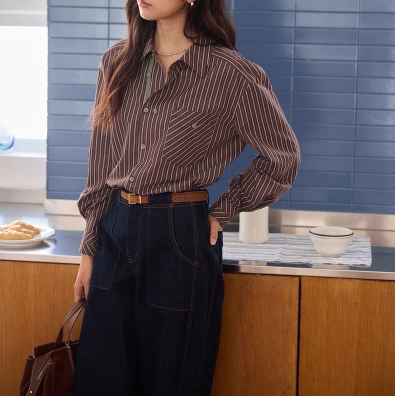 Long-Sleeve Striped Pocket Detail Shirt
