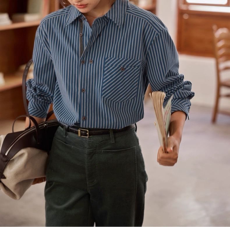 Long-Sleeve Striped Pocket Detail Shirt