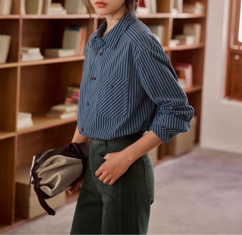 Long-Sleeve Striped Pocket Detail Shirt