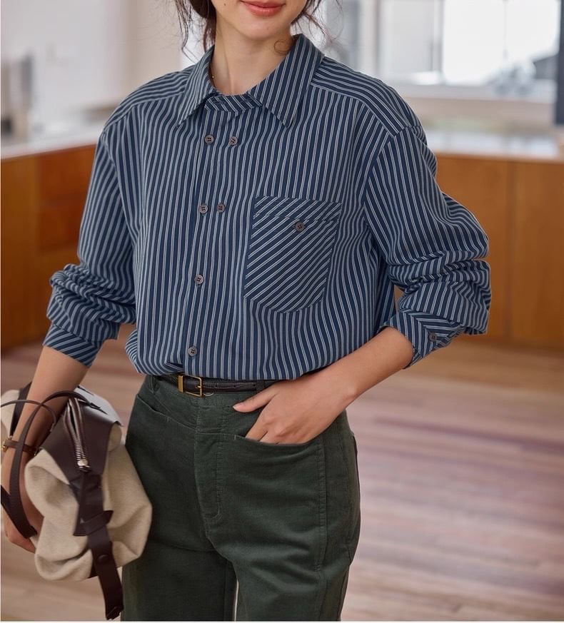 Long-Sleeve Striped Pocket Detail Shirt