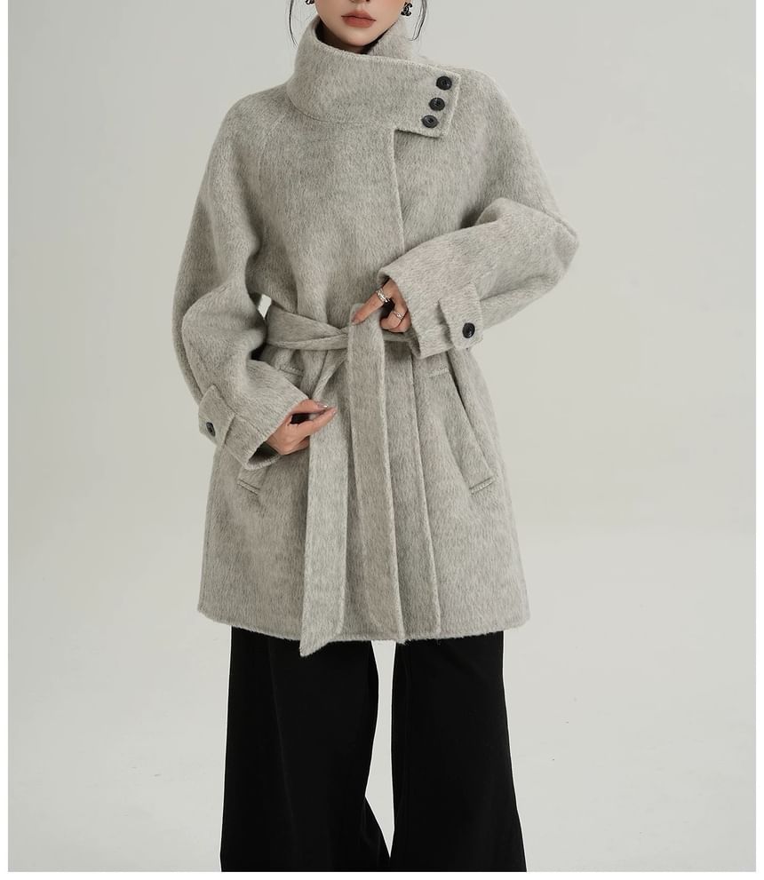 Stand Collar Fluffy Sashed Coat