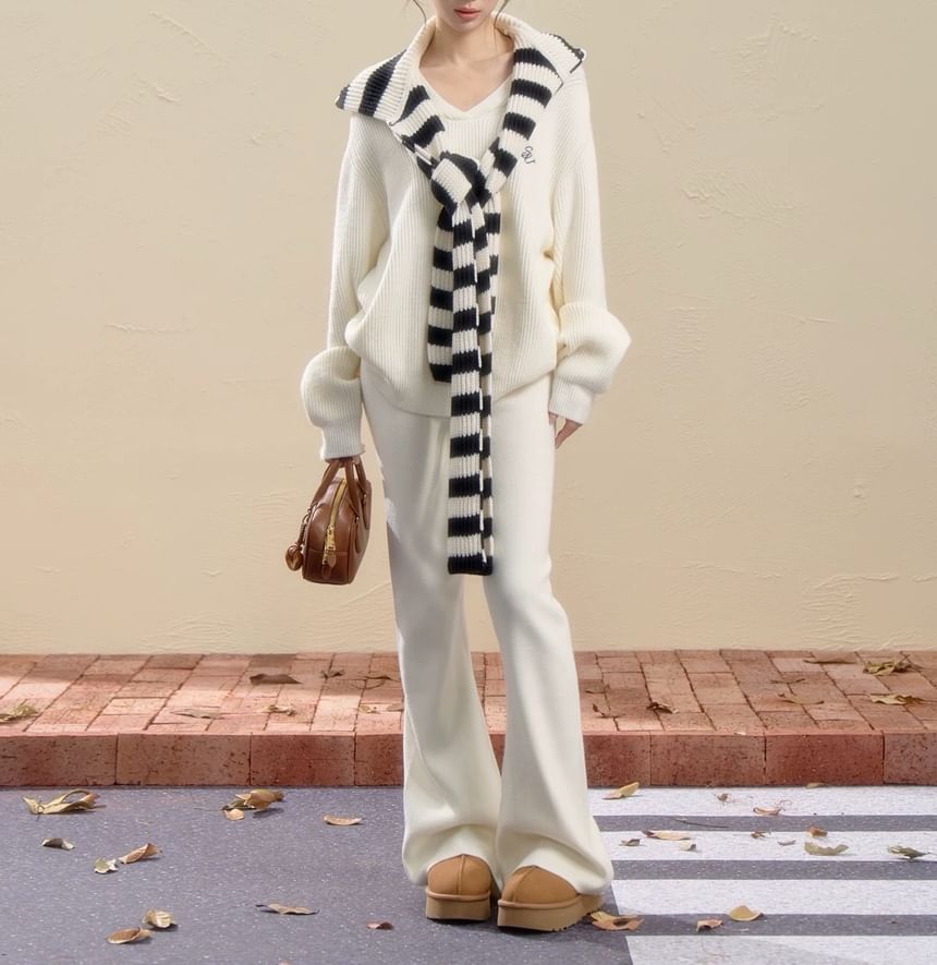 V-Neck Embroidered Ribbed Sweater / Drawstring Waist Plain Bootcut Pants / Striped Scarf