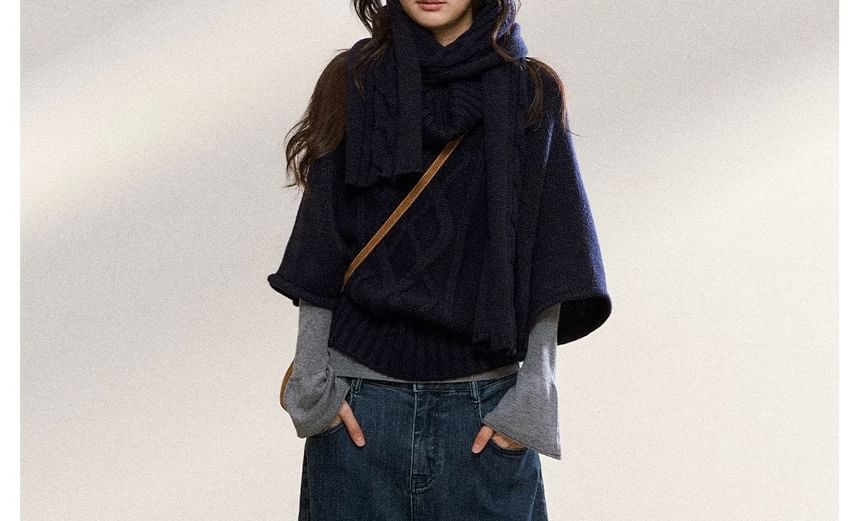 Long-Sleeve Mock Neck Melange Knit Top / 3/4-Sleeve Plain Sweater / Scarf / Set