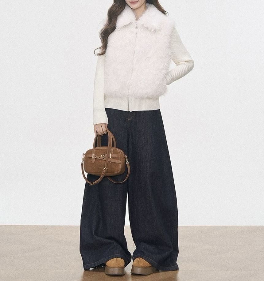Collar Fluffy Panel Zip Cardigan / High Rise Wide Leg Jeans