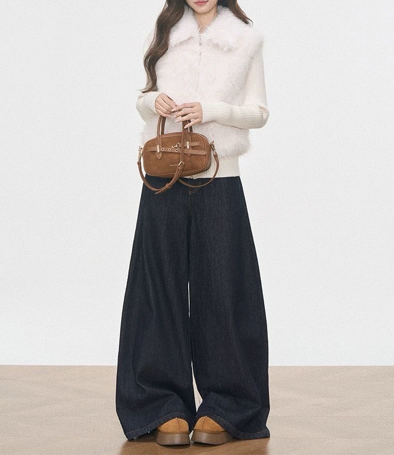 Collar Fluffy Panel Zip Cardigan / High Rise Wide Leg Jeans