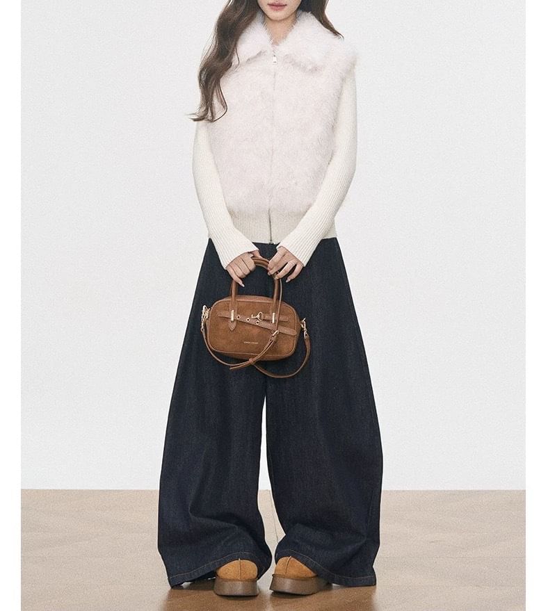 Collar Fluffy Panel Zip Cardigan / High Rise Wide Leg Jeans