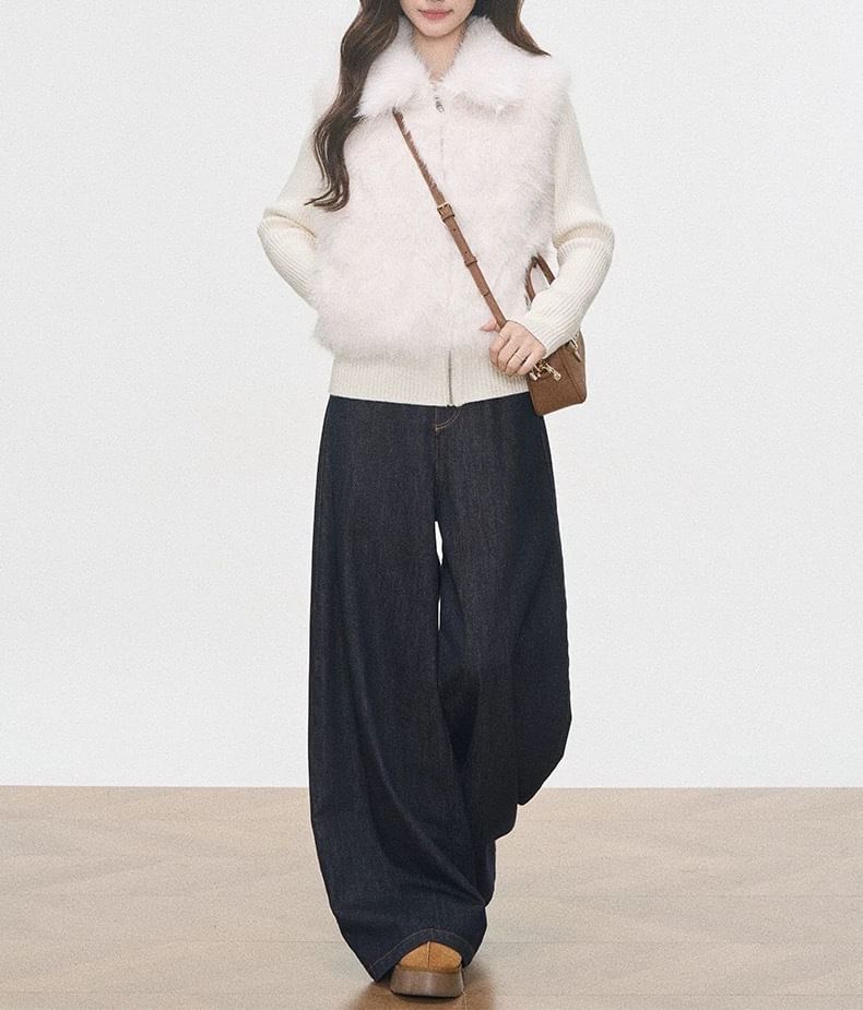 Collar Fluffy Panel Zip Cardigan / High Rise Wide Leg Jeans