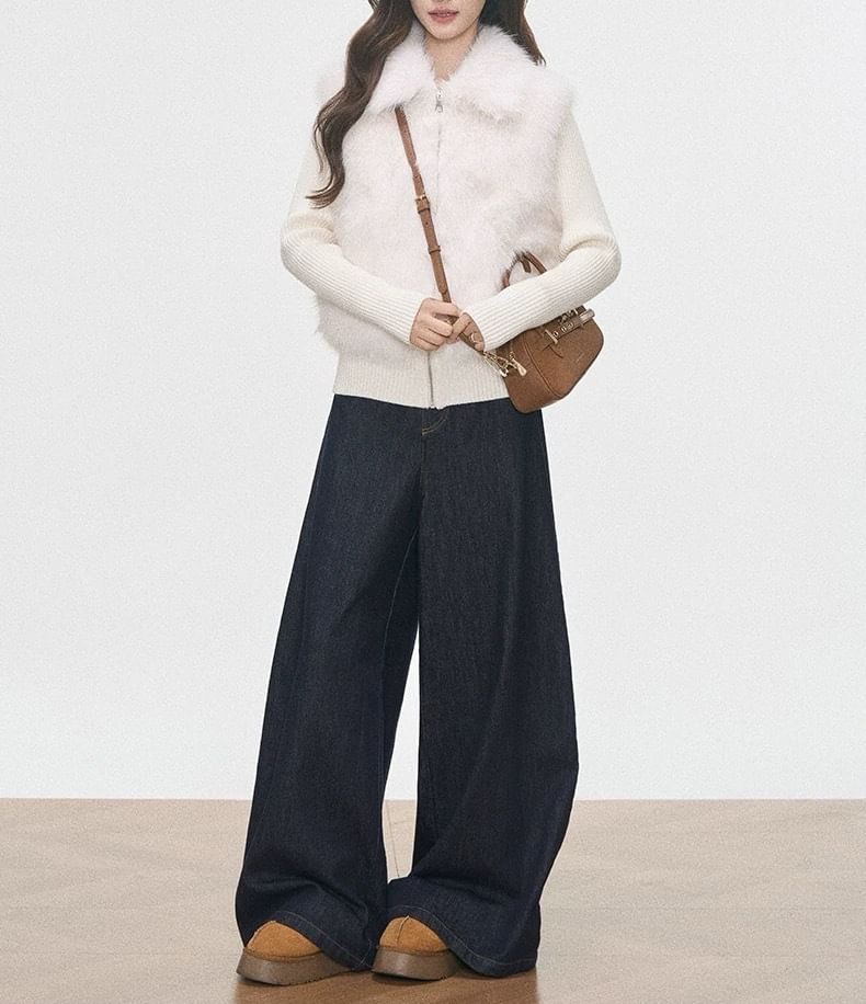 Collar Fluffy Panel Zip Cardigan / High Rise Wide Leg Jeans