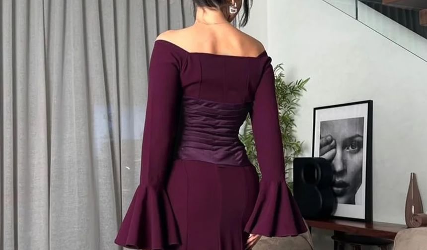 Bell Sleeve Off Shoulder Ruched Panel Satin Maxi Mermaid Dress