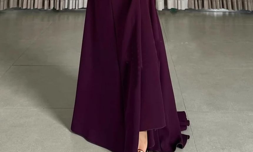 Bell Sleeve Off Shoulder Ruched Panel Satin Maxi Mermaid Dress