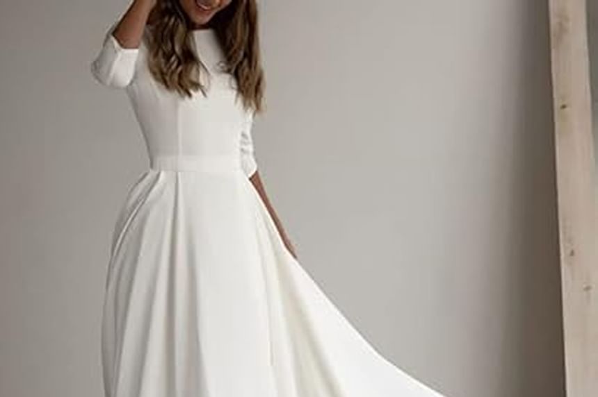 3/4 Sleeve Boat Neck Plain Pocket Maxi A-Line Dress
