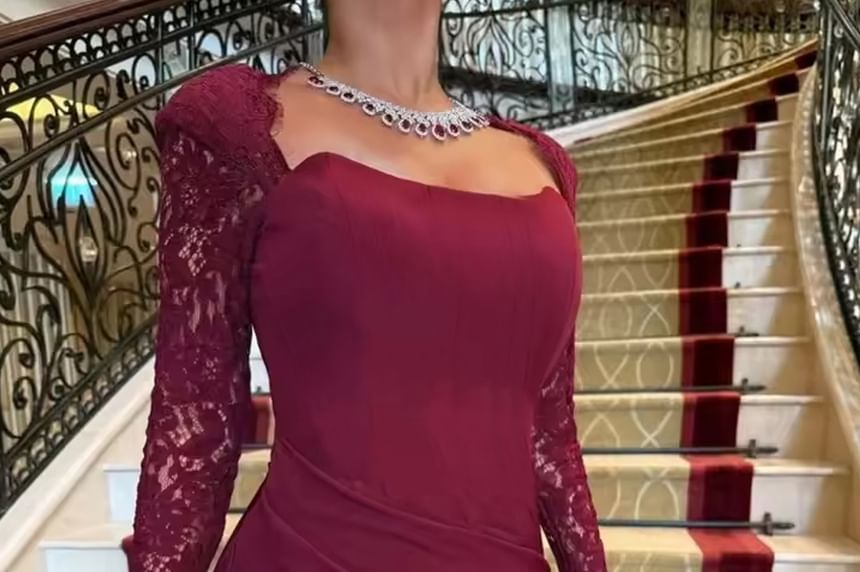 Long Sleeve Square Neck Plain Cutout Back Panel Lace Maxi Sheath Dress