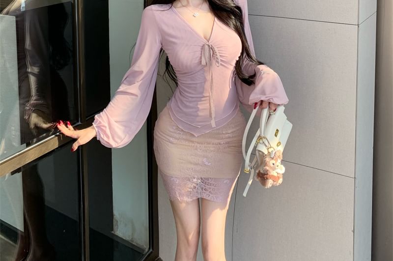 V-Neck Long Sleeve Top and Lace Pencil Skirt
