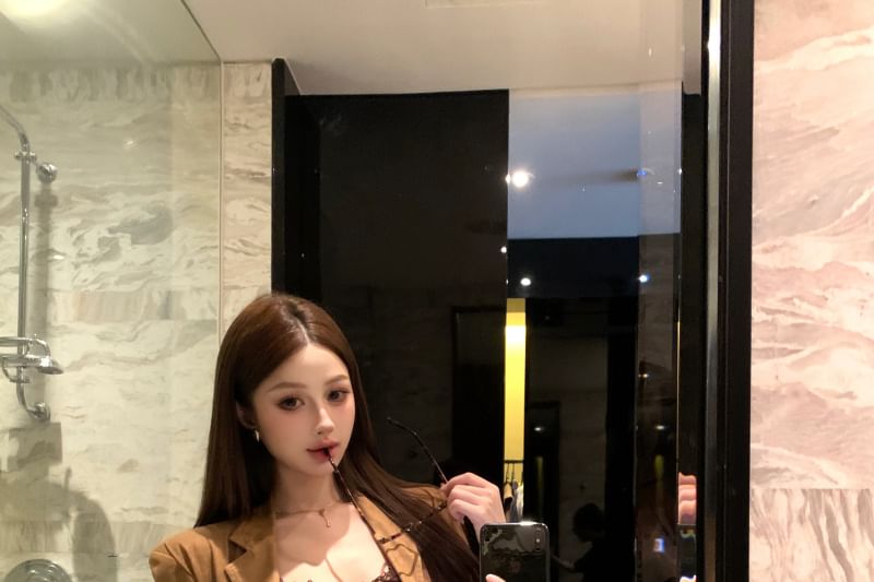 Scoop Neck Crop Camisole Blazer and Mini Pleated Skirt