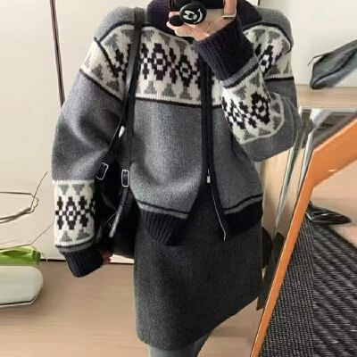 Jacquard Zip-Up Cardigan