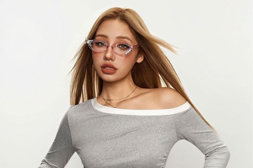 Contrast Trim Off-Shoulder Slim Cropped Top, Long Sleeves