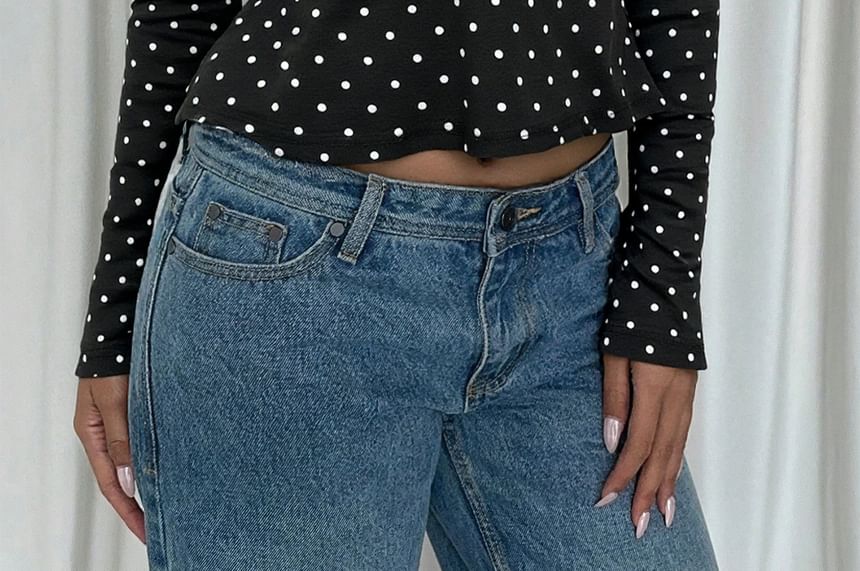 Polka Dot Peplum Crop Top with V-Neck & Long Sleeves