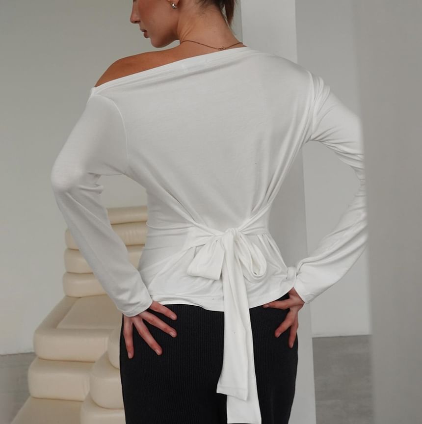 Off-Shoulder Plain Tie-Waist T-Shirt with Long Sleeves