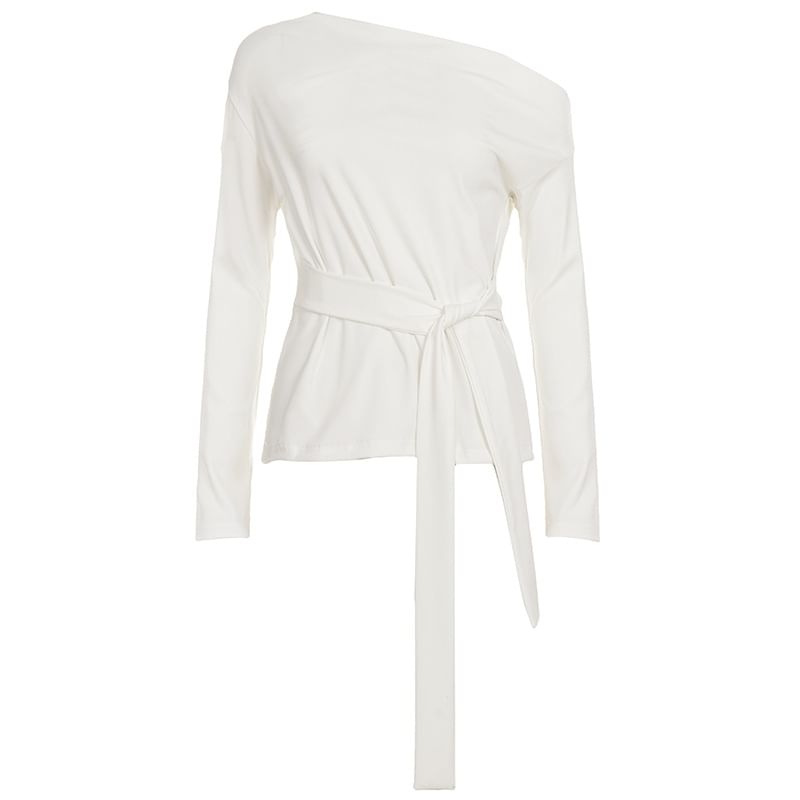 Off-Shoulder Plain Tie-Waist T-Shirt with Long Sleeves