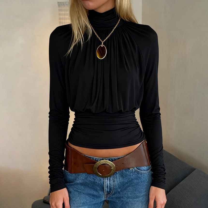 Ruched Turtleneck Cropped Top with Long Sleeves