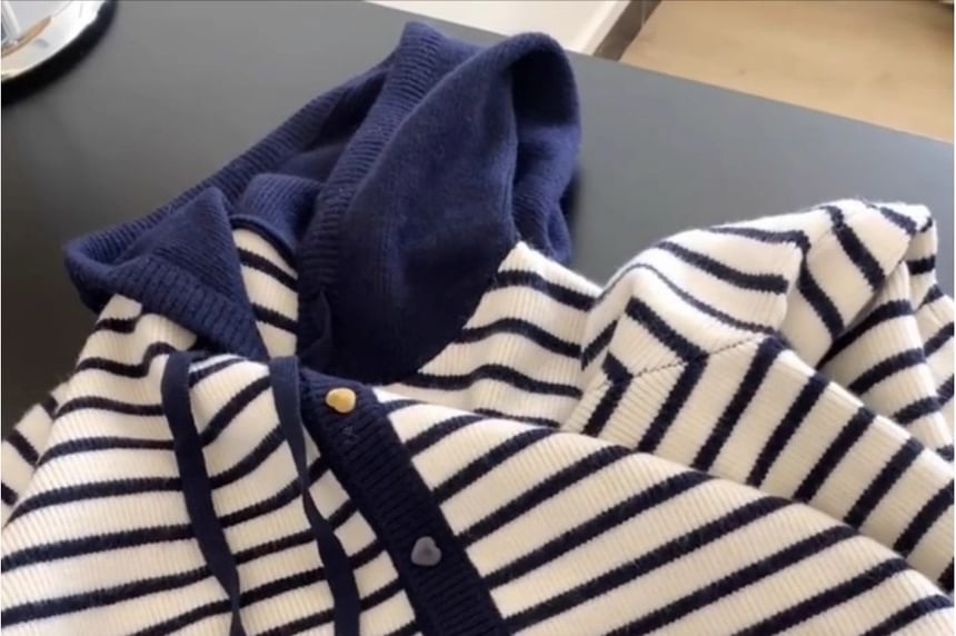 Striped Drawstring Hooded Cardigan