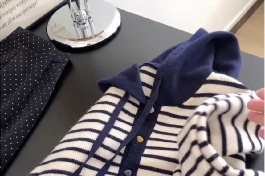 Striped Drawstring Hooded Cardigan