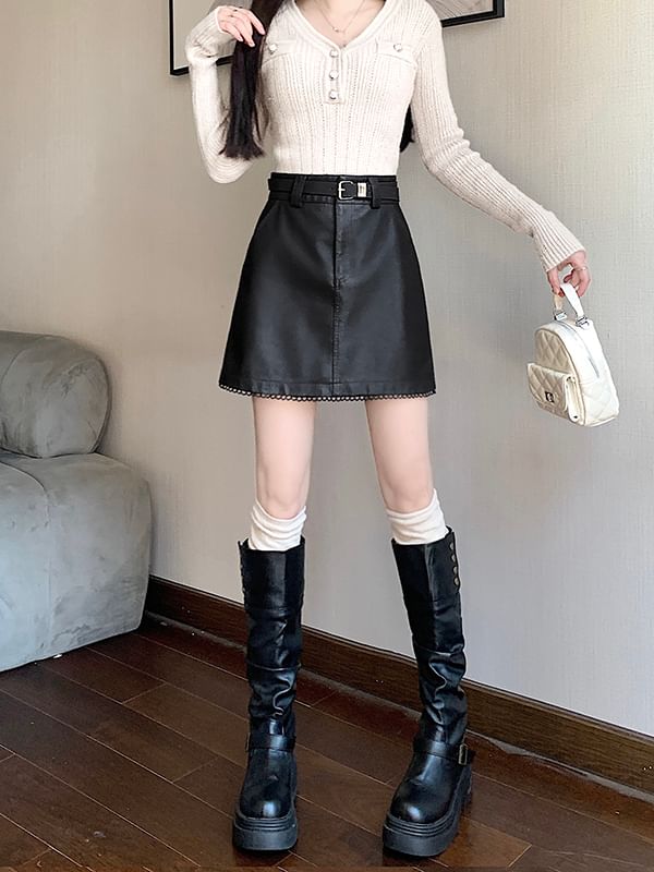 Faux Leather Mini Skirt High Rise