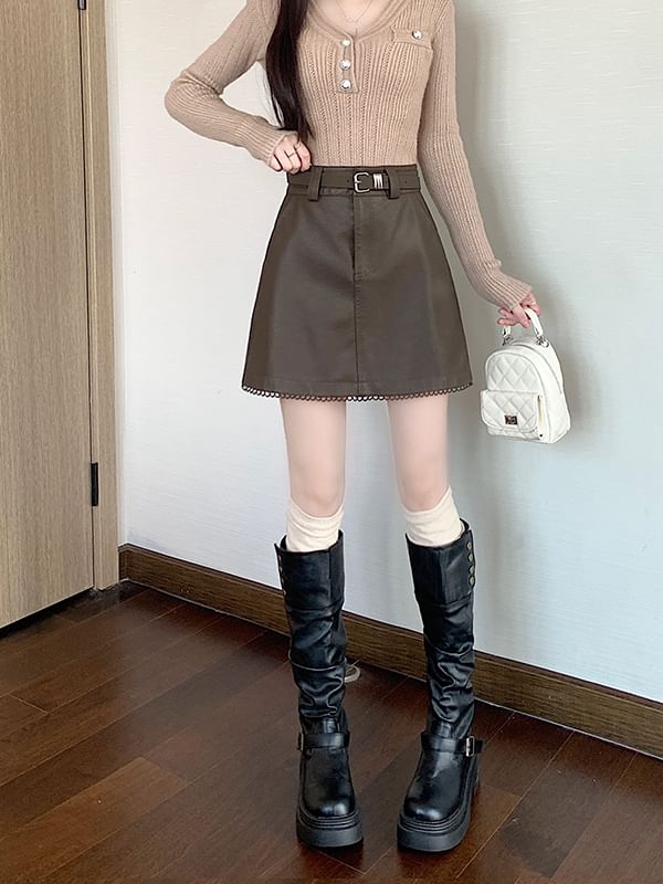 Faux Leather Mini Skirt High Rise