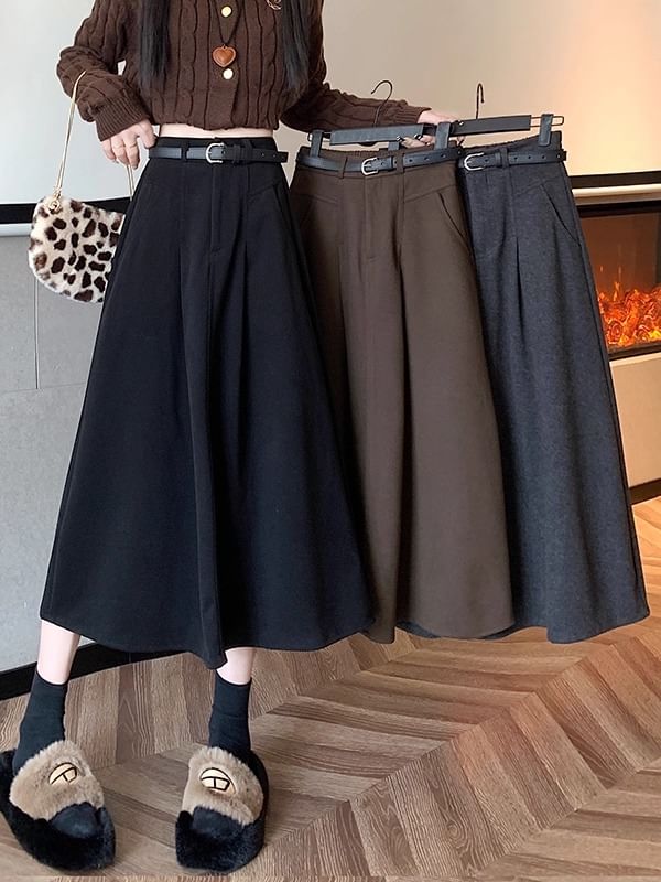 High Waist Plain Midi A-Line Skirt
