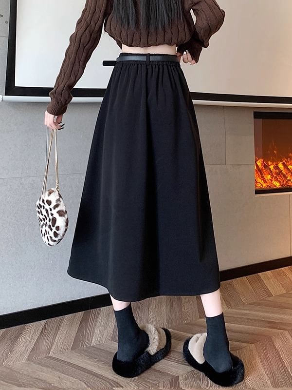 High Waist Plain Midi A-Line Skirt