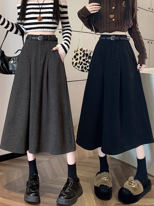 High Waist Plain Midi A-Line Skirt