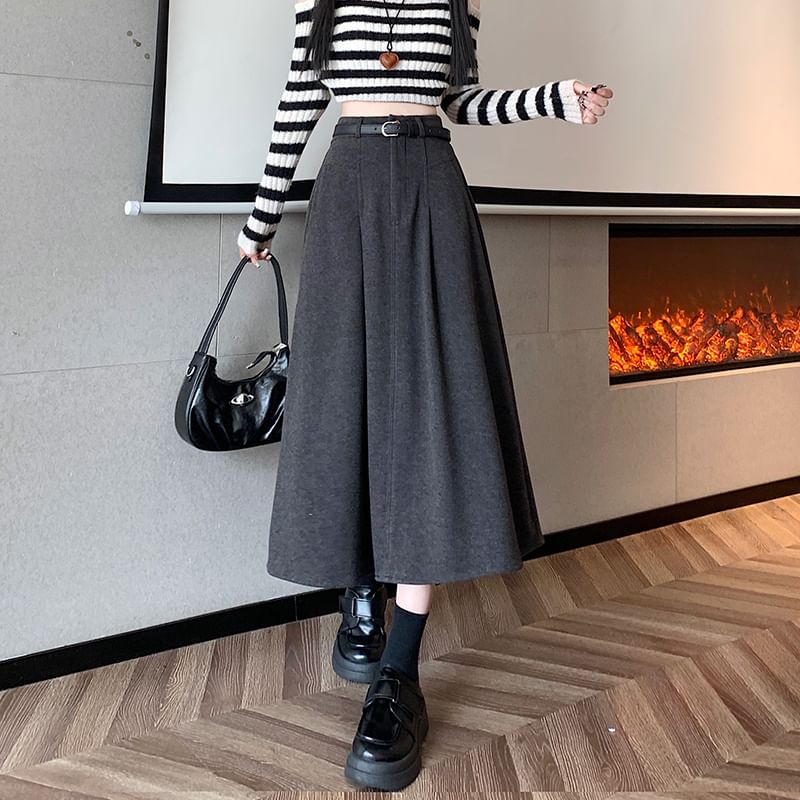 High Waist Plain Midi A-Line Skirt