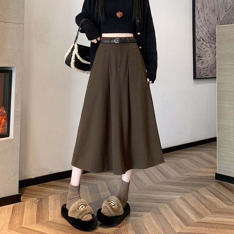 High Waist Plain Midi A-Line Skirt