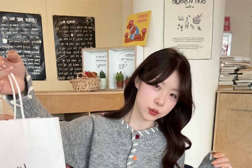 Contrast Stitching Button-Up Cardigan
