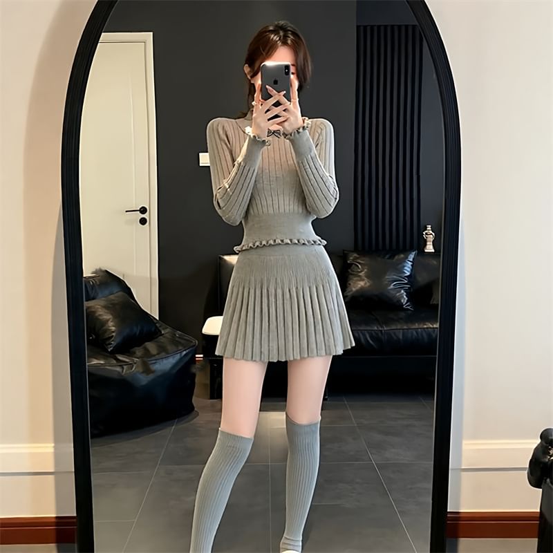 Collared Knit Top and Pleated Mini Skirt Set